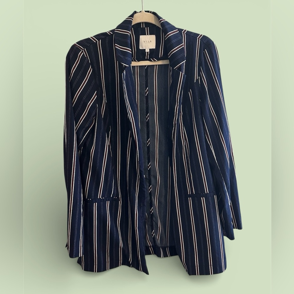 VILA ASOS Womens Pinstripe Long Blazer - Size 8 Medium- Blue - Office‎ Business
